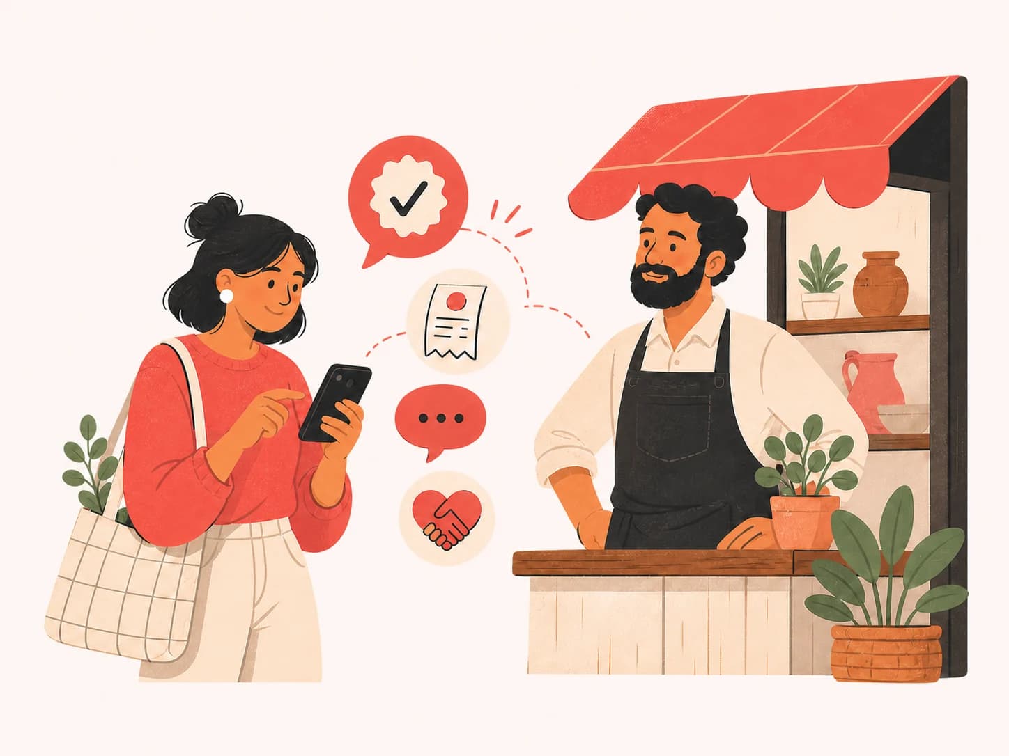Una clienta y el dueño de un comercio local comparten una buena experiencia